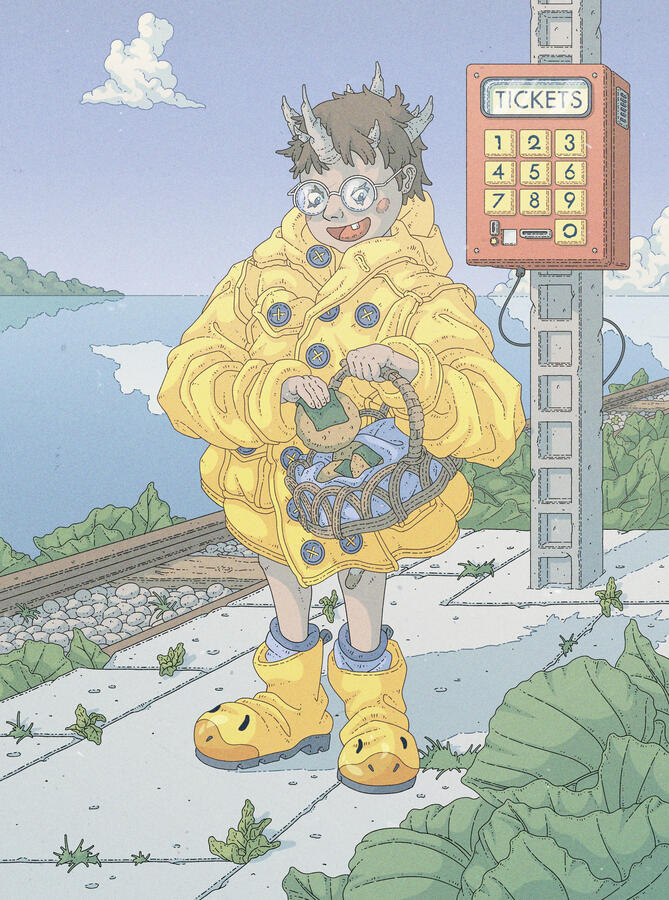 Color illustration of a cute monster-child waiting on a train station near the sea, about to eat a senbei rice cracker. Color illustration of a cute monster-child waiting on a train station near the sea, about to eat a senbei rice cracker.