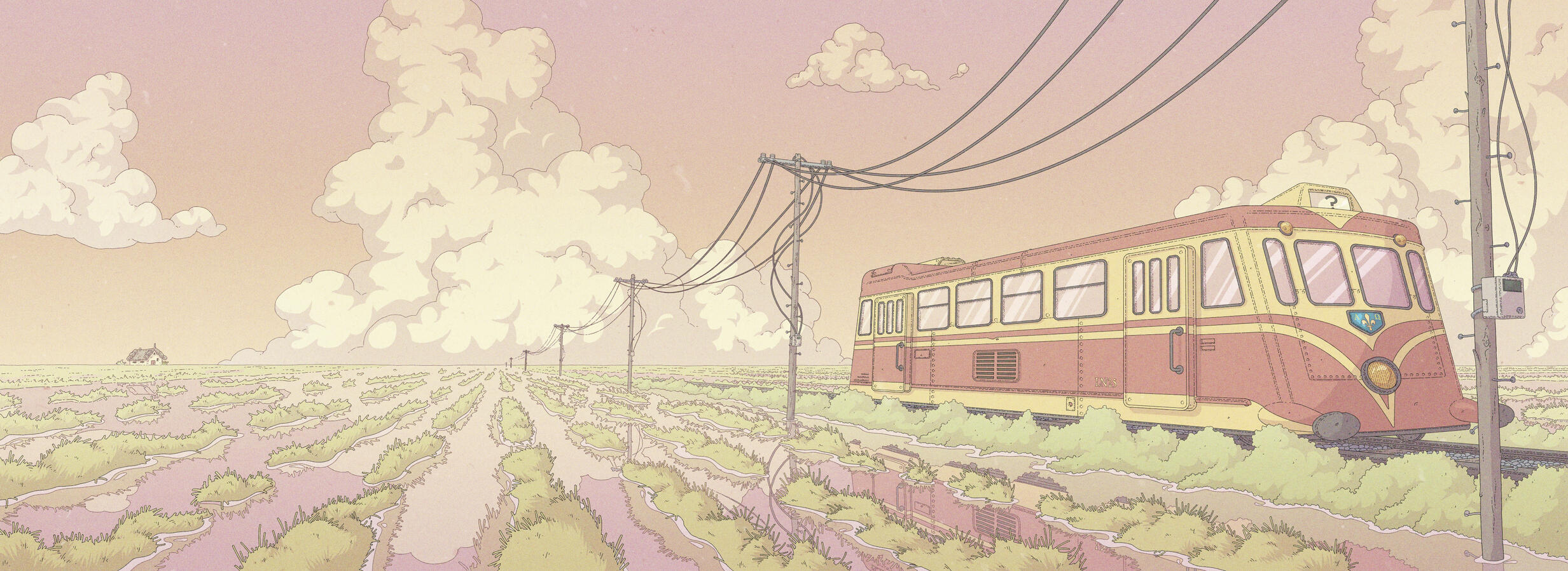 Color illustration of an old train riding over a rice-field at sunrise. Poster in orange, yellow and turquoise tones. It contains information about the event, a logo in Y2K style and an illustration. The illustration consists of two children lying on the floor playing with Game Boys. The consoles are connected by a cable.