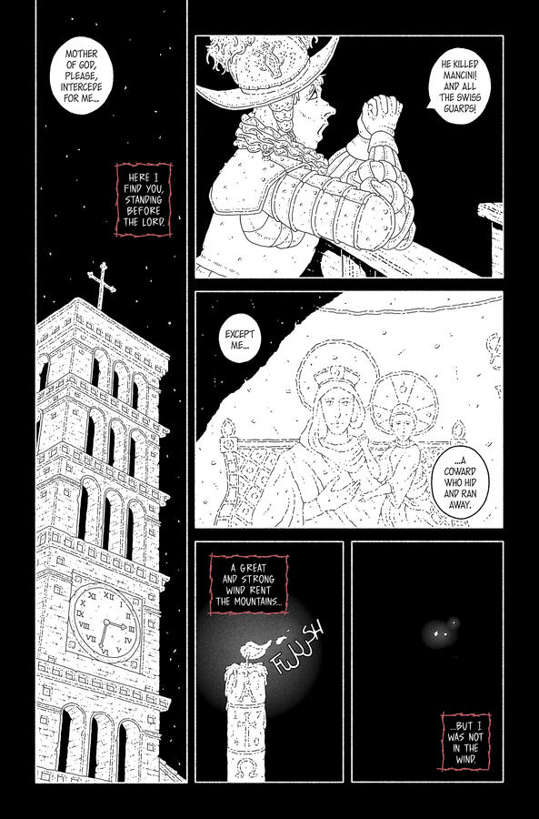 Comic page, showing a member of the Swiss Guard praying in a church in Rome.