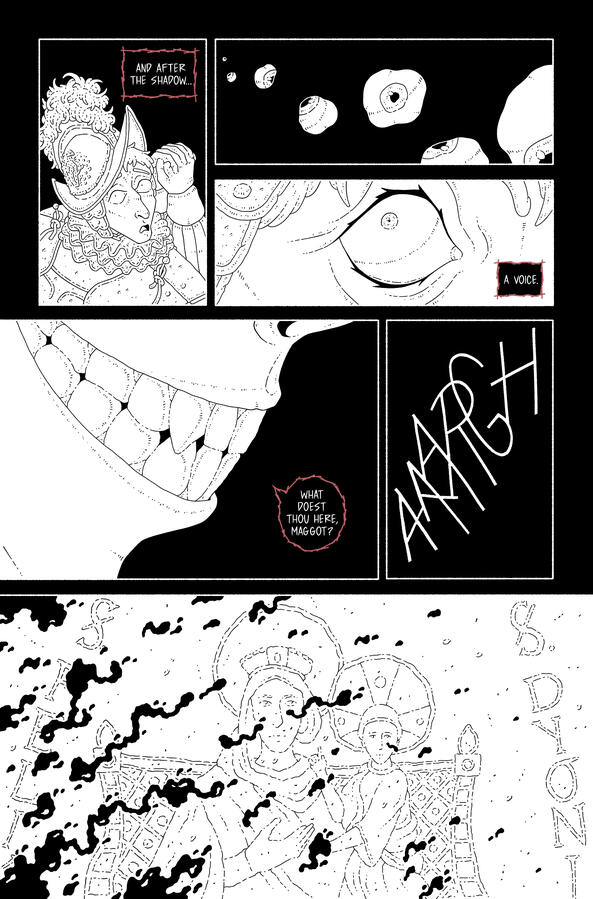 Comic page, showing the guard being killed by the presence, which turns to be the devil. Comic page, showing the guard being killed by the presence, which turns to be the devil.