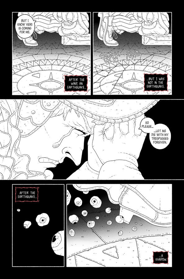 Comic page, showing the guard still praying, a presence approaches. Comic page, showing the guard still praying, a presence approaches.