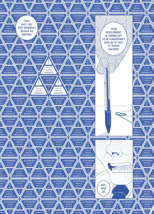 Comic page, done in blue ink. Most of the page shows a screen full of triangles, all of them except three indicate that the AI they refer to is deactivated. A hand holding a BIC pen and a closeup of a face are also shown. Comic page, done in blue ink. Most of the page shows a screen full of triangles, all of them except three indicate that the AI they refer to is deactivated. A hand holding a BIC pen and a closeup of a face are also shown.