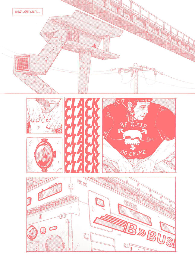 Comic page, done in red ink, of an old goth lady waiting for a monorail in a brutalist elevated station. The monorail arrives at the last panel. Comic page, done in red ink, of an old goth lady waiting for a monorail in a brutalist elevated station. The monorail arrives at the last panel.