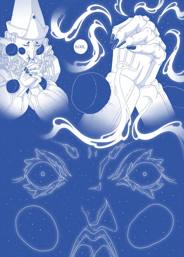Comic page, done in blue, it shows Pierrot praying and saying: "Please..." Then, something happens... Comic page, done in blue, it shows Pierrot praying and saying: "Please..." Then, something happens...