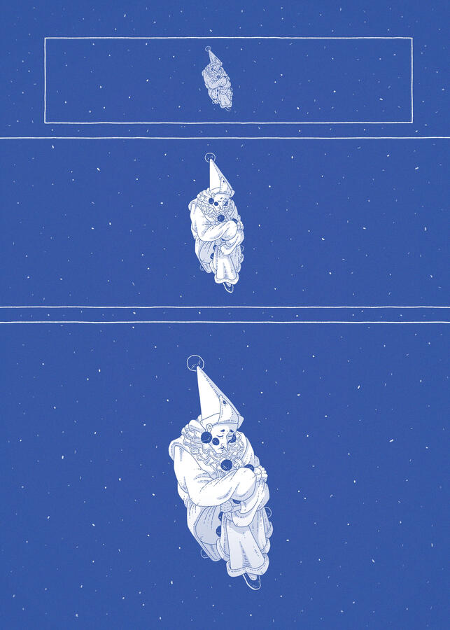 Comic page, done in blue, it shows Pierrot floating in the night sky. Comic page, done in blue, it shows Pierrot floating in the night sky.