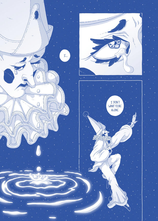 Comic page, done in blue, it shows Pierrot crying and saying: "I don't want to be alone." Comic page, done in blue, it shows Pierrot crying and saying: "I don't want to be alone."