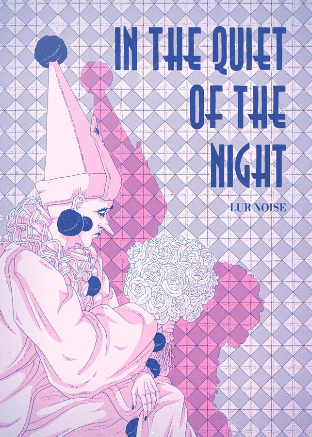 Cover illustration, done in pink and blue. It shows a sad pierrot holding a rose bouquet, sitting against a tile wall. Cover illustration, done in pink and blue. It shows a sad pierrot holding a rose bouquet, sitting against a tile wall.