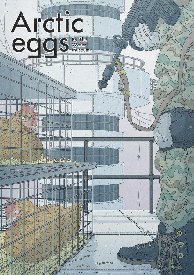 Color illustration of a soldier guarding two chickens in cages on top of a brutalist structure. Color illustration of a soldier guarding two chickens in cages on top of a brutalist structure.