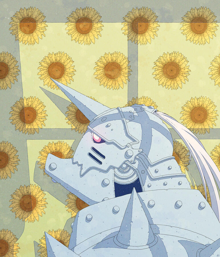 Color illustration of Alphonse posing againts a sunflower wallpaper. The drawing has a soft and colorful color pallete. Color illustration of Alphonse posing againts a sunflower wallpaper. The drawing has a soft and colorful color pallete.