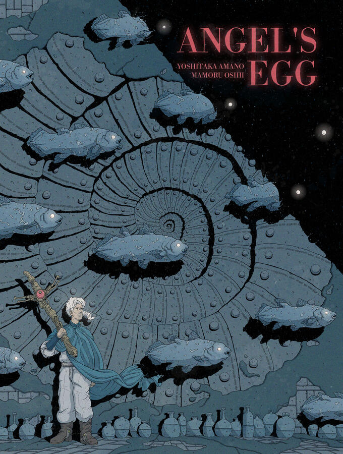 Color poster of Angel's Egg, showing one of the main characters of the film (the man) standing agains a wall with a giant ammonite fossil on it. On the base of the wall, lots of water vases can be seen. Coelacanths are flying, filling the scene.