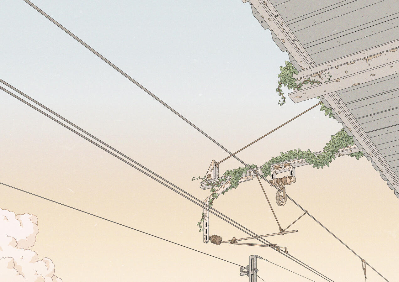 Color illustration showing the cables and part of the roof of a train station against a sunrise sky. Ivy is growing on part of the structure. Color illustration showing the cables and part of the roof of a train station against a sunrise sky. Ivy is growing on part of the structure.