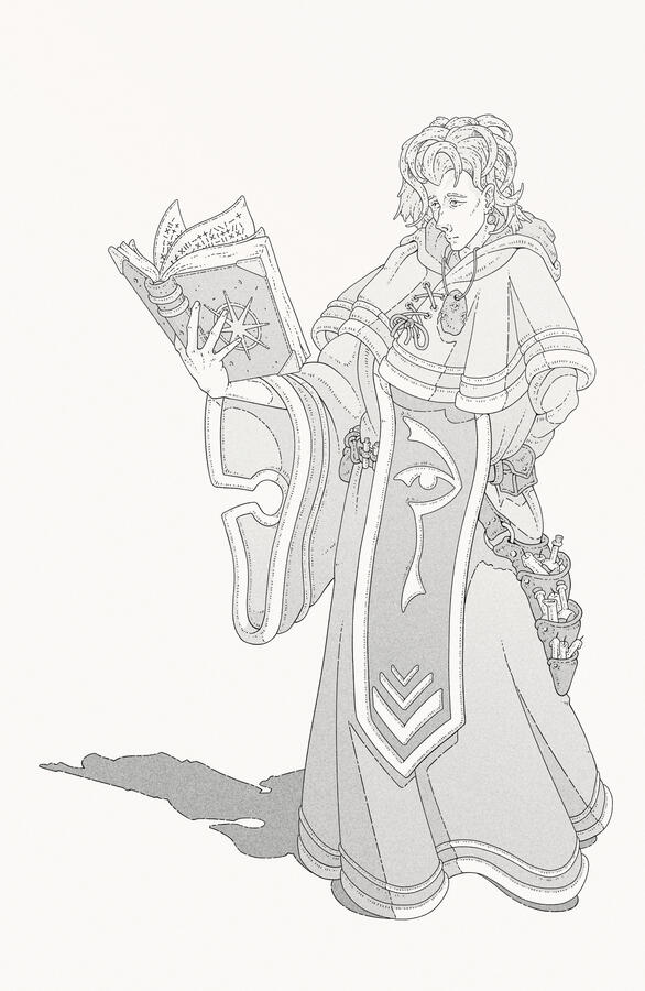 Greyscale illustration of a young man in cleric robes reading a book. The robes have Ioun's symbol on them, and the book has Mystra's one.
