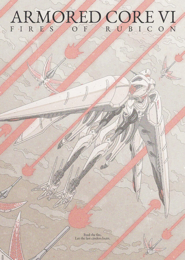 Color illustration of IB-01: CEL 240, from Armored Core VI, flying surrounded by the coral-red lasers of its orbital weapons and propulsors. The name of the game can be seen on the top part of the image, and the "Feed the fire..." slogan is at the bottom. Color illustration of IB-01: CEL 240, from Armored Core VI, flying surrounded by the coral-red lasers of its orbital weapons and propulsors. The name of the game can be seen on the top part of the image, and the "Feed the fire..." slogan is at the bottom.