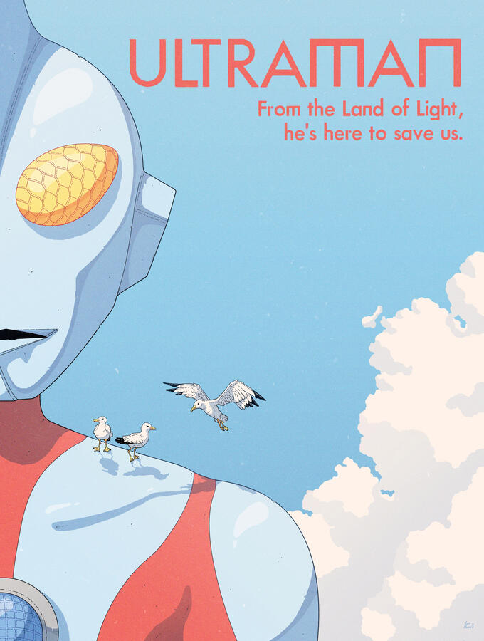 Color illustration of Ultraman, shown from the torso upwards. The left halft of his body is out ouf the picture, and the background is a blue sky with a puffy summer cloud. Seagulls are resting on his shoulder. Color illustration of Ultraman, shown from the torso upwards. The left halft of his body is out ouf the picture, and the background is a blue sky with a puffy summer cloud. Seagulls are resting on his shoulder.