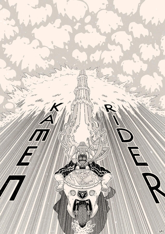 Black and white drawing of Kamen Rider on his motorbike running from an explosion. His name is drawn in the same perspective as the speedlines on the road. Black and white drawing of Kamen Rider on his motorbike running from an explosion. His name is drawn in the same perspective as the speedlines on the road.
