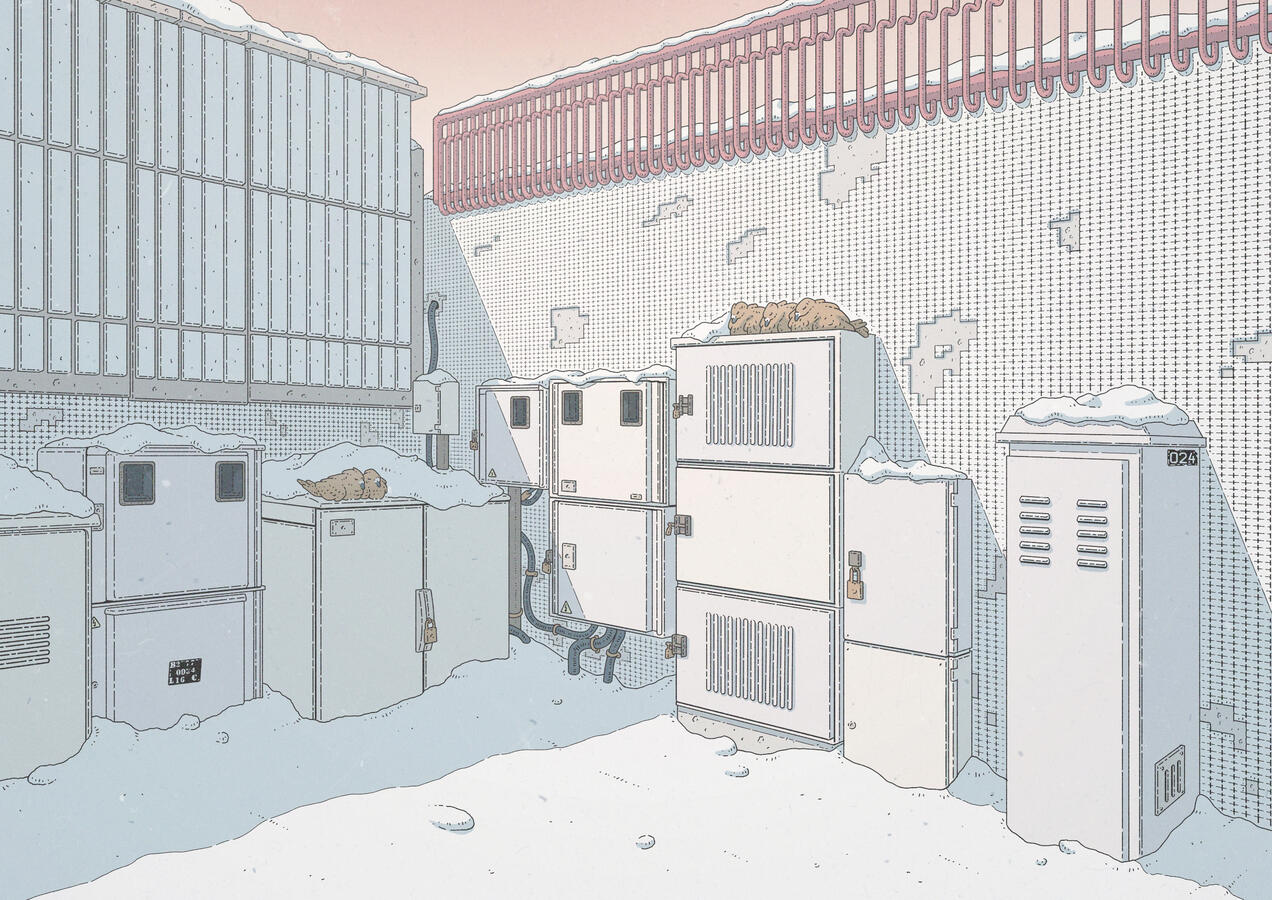 Color illustration showing a snowed corner of a city at sunrise. Several electrical boxes can be seen,with two groups of brown pigeons sleeping atop some of them. Color illustration showing a snowed corner of a city at sunrise. Several electrical boxes can be seen,with two groups of brown pigeons sleeping atop some of them.