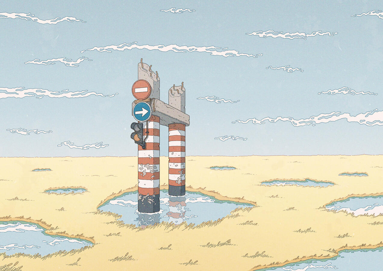 Color illustration. It shows the ruins of two bridge pillars, with red and white stripes, standing on a yellow field. The field has puddles which reflect the blue cloudy sky. Color illustration. It shows the ruins of two bridge pillars, with red and white stripes, standing on a yellow field. The field has puddles which reflect the blue cloudy sky.