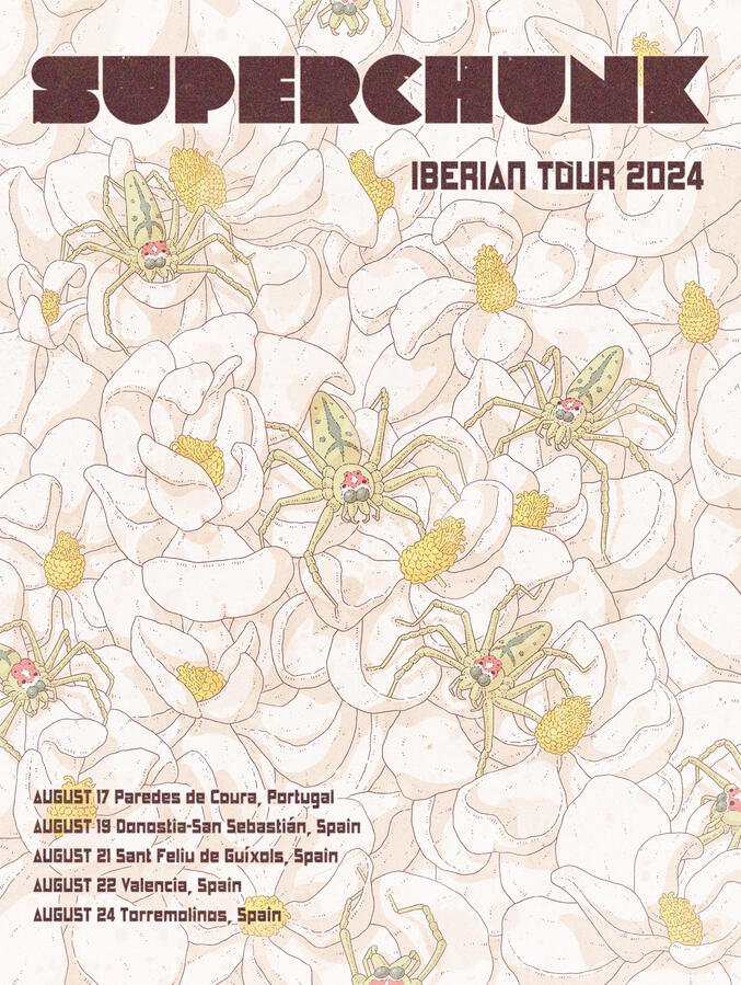 Superchunk poster showing magnolia green jumping spiders atop a bed of southern magnolias. The text says "Superchunk, Iberian tour 2024" plus the places and dates they are playing at. Superchunk poster showing magnolia green jumping spiders atop a bed of southern magnolias. The text says "Superchunk, Iberian tour 2024" plus the places and dates they are playing at.