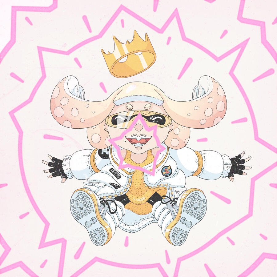 Color illustration of Pearl from Splatoon wearing her Side Order outfit, screaming while jumping and facing the viewer. Her scream takes the shape of concentric, bright-pink circles. Color illustration of Pearl from Splatoon wearing her Side Order outfit, screaming while jumping and facing the viewer. Her scream takes the shape of concentric, bright-pink circles.