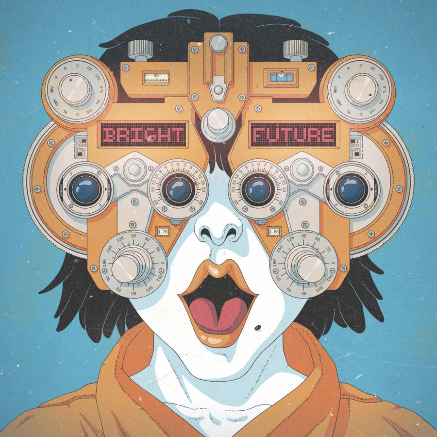Color illustration, in orange and blue colors, of a young person wearing a phoropter. The phoropter has two screens which say "BRIGHT FUTURE". Their face has a surprised, happy expression. Color illustration, in orange and blue colors, of a young person wearing a phoropter. The phoropter has two screens which say "BRIGHT FUTURE". Their face has a surprised, happy expression.
