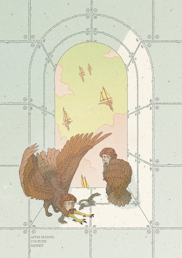 Sci-fi-esque illustration, versioning Bruegel's "Two Monkeys". It substitutes the monkeys for sphinxes, changes the walls to brutalist ones, and the ships for flying ones. Sci-fi-esque illustration, versioning Bruegel's "Two Monkeys". It substitutes the monkeys for sphinxes, changes the walls to brutalist ones, and the ships for flying ones.
