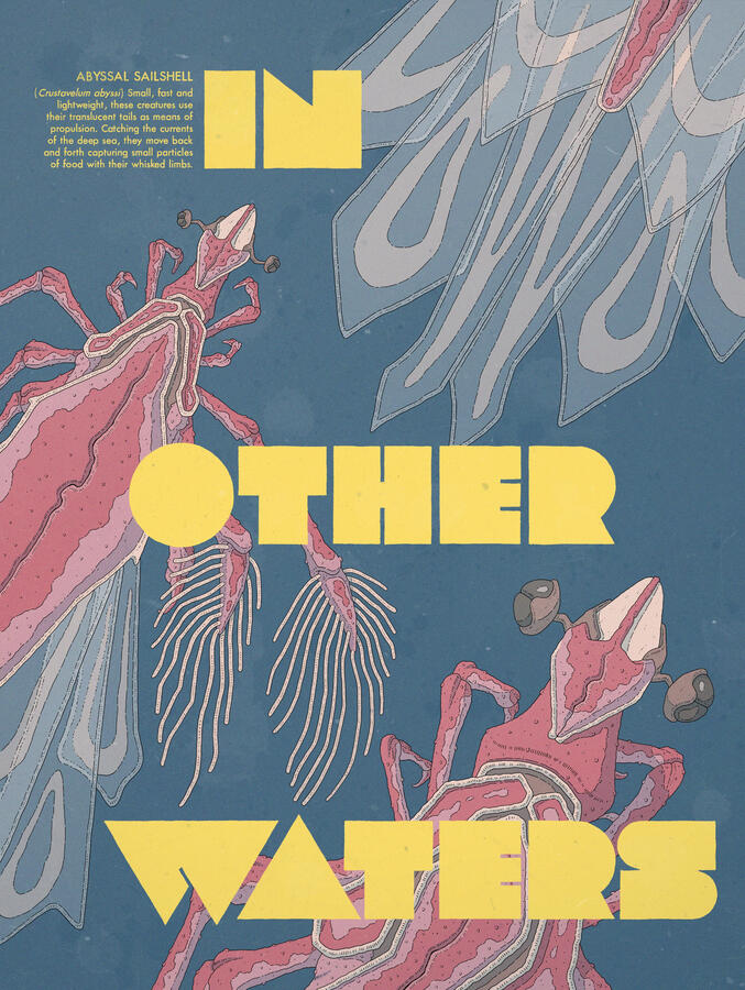In Other Waters fanart. It's a color illustration of three crustacean like creatures done in red tones against a dark blue sea. The title of the game is written on big yellow letters along a description of the animal: the Abyssal sailshell.