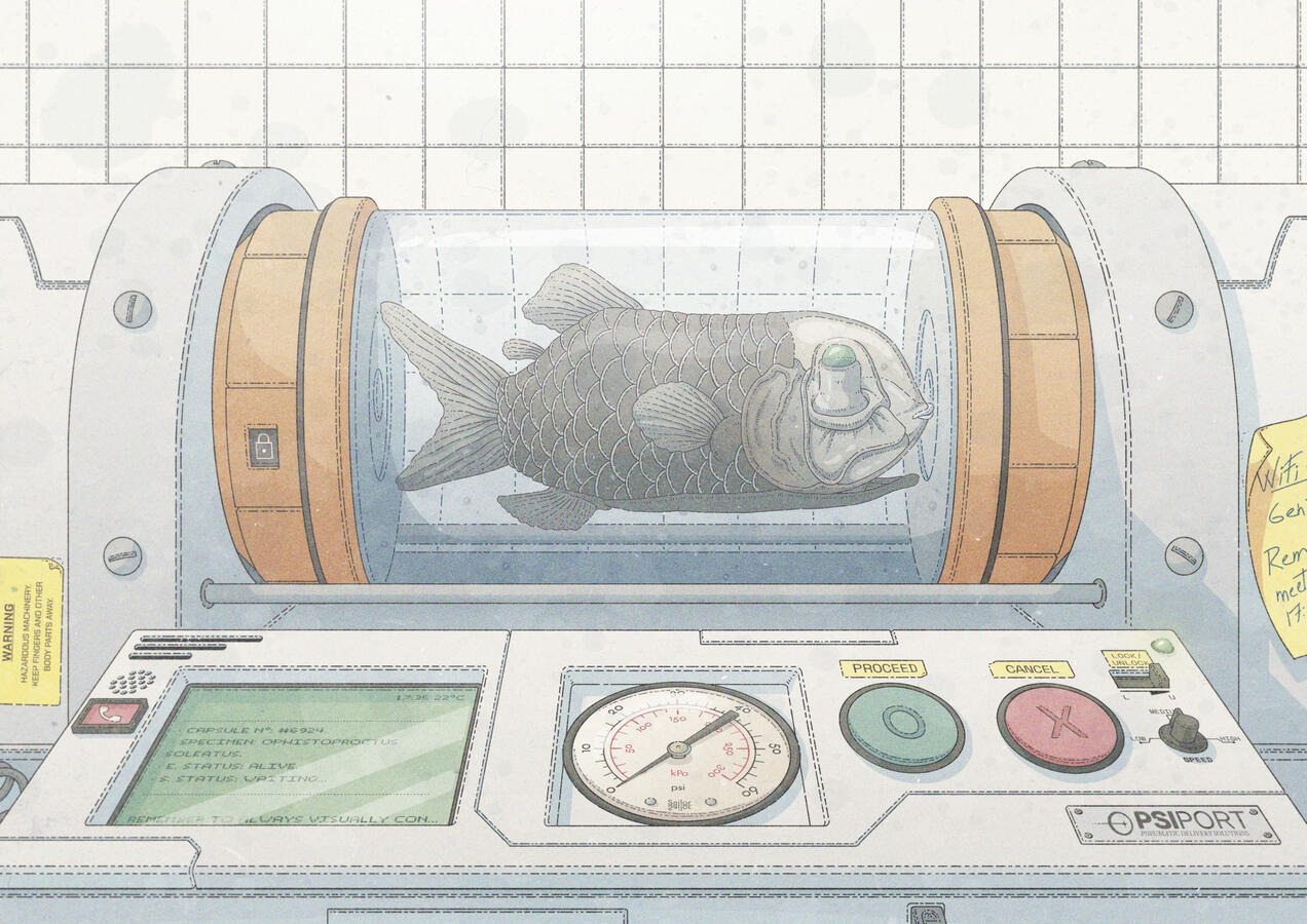 Illustration of a barreleye fish inside a cylindrical container of a pneumatic tube system. There's a control panel in front of it.