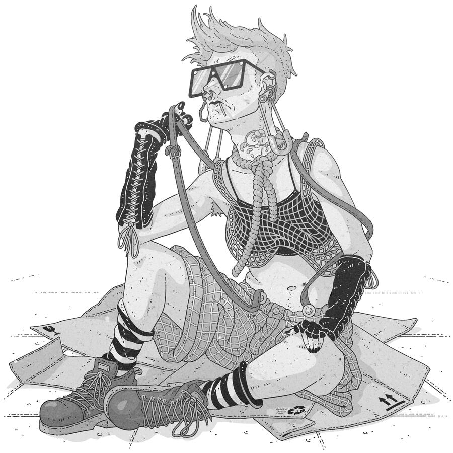 Black and white illustration of a punk looking person sitting on the ground over some squashed cardboard boxes.