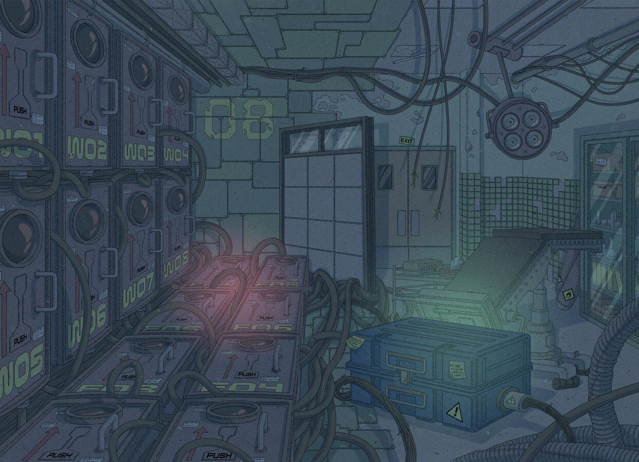 A dark room on a spaceship. formed by conjoining two smaller rooms. The left one contains several cryogenic pods, and the right one seems an old surgery room. Two lights, one green and one red, shine among all the mess. Untitled A dark room on a spaceship. formed by conjoining two smaller rooms. The left one contains several cryogenic pods, and the right one seems an old surgery room. Two lights, one green and one red, shine among all the mess. Untitled
