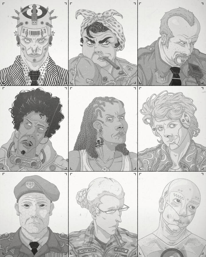 Nine portraits, set on a 3x3 grid, of scoundrel NPCs. Done in black and white, they show a variety of sci-fi, rough looking people and androids.