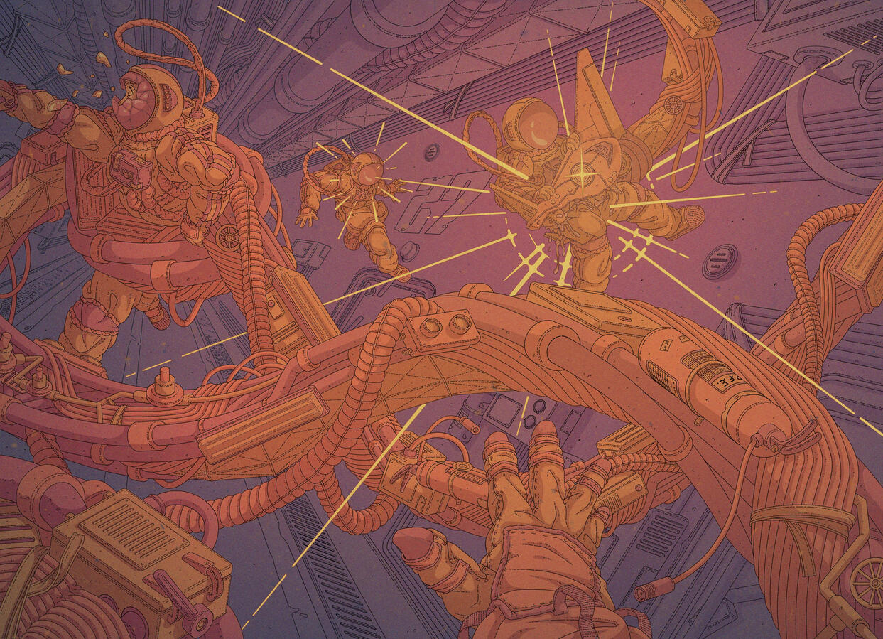 Color illustration of some astronauts being devoured by an enormous biomechanical snake-like monster. They are on an industrial-looking corridor, and the eyes of the creature fill the scene in warm hues. Color illustration of some astronauts being devoured by an enormous biomechanical snake-like monster. They are on an industrial-looking corridor, and the eyes of the creature fill the scene in warm hues.