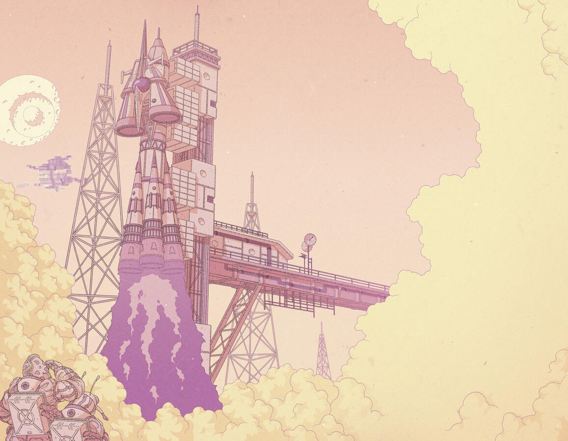 Color illustration, in pastel pinks and oranges and yellows, of two aliens in space suits watching a rocket launch. Color illustration, in pastel pinks and oranges and yellows, of two aliens in space suits watching a rocket launch.