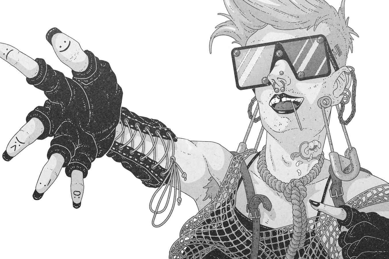 Black and white illustration of a punk looking person extending their hand, as in offering a handshake, to the viewer.