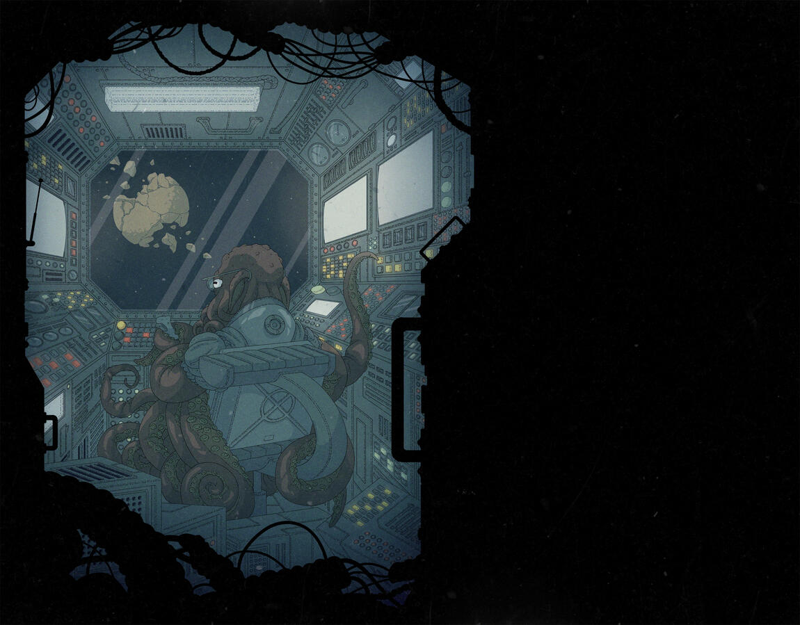 Color illustration of an octopus-looking alien creature operating an extremely complicated control panel room. A broken planet can be seen outside through the ship's window. Color illustration of an octopus-looking alien creature operating an extremely complicated control panel room. A broken planet can be seen outside through the ship's window.