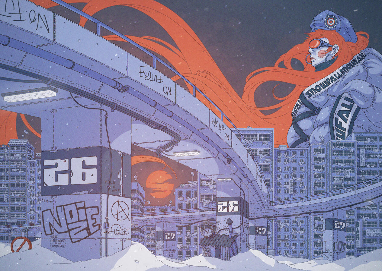 Color illustration, in blue and red tones. It shows a snow-covered city and a woman standing enormous behind the skyline, her flowing red hair the same color as the sunrise. Color illustration, in blue and red tones. It shows a snow-covered city and a woman standing enormous behind the skyline, her flowing red hair the same color as the sunrise.