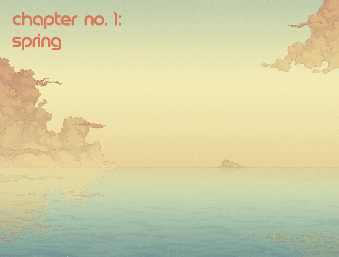 Comic page, showing an island at the distance, the sun rising. Comic page, showing an island at the distance, the sun rising.