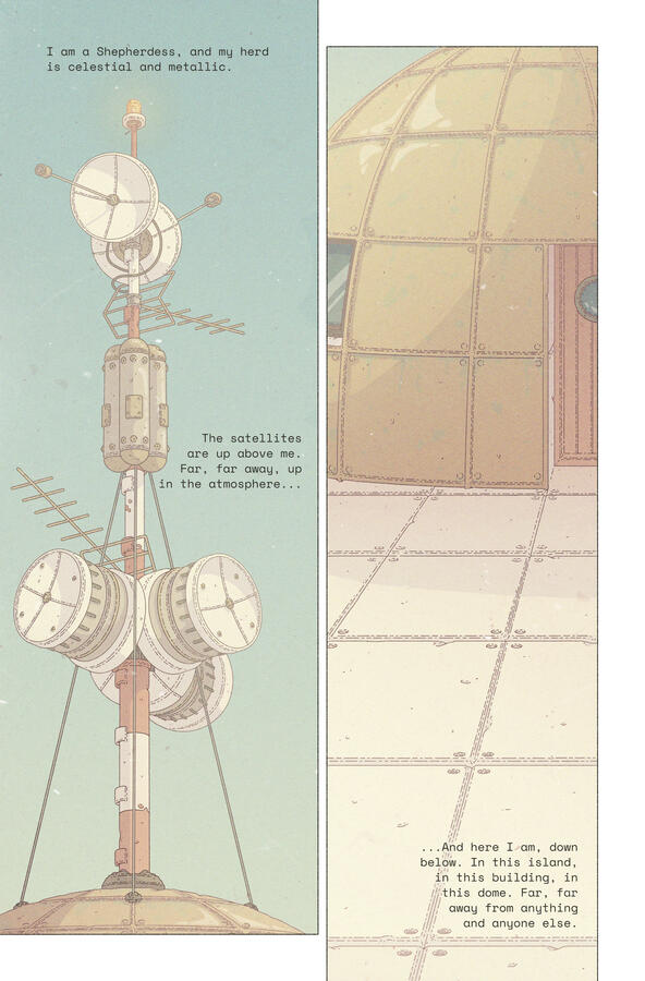 Comic page with two panels, showing an antenna on top of a dome. The texts say: "I am a Shepherdess, and my herd is celestial and metallic. The satellites are up above me. Far, far away up in the atmosphere... And here I am, down below. In this island, in Comic page with two panels, showing an antenna on top of a dome. The texts say: "I am a Shepherdess, and my herd is celestial and metallic. The satellites are up above me. Far, far away up in the atmosphere... And here I am, down below. In this island, in