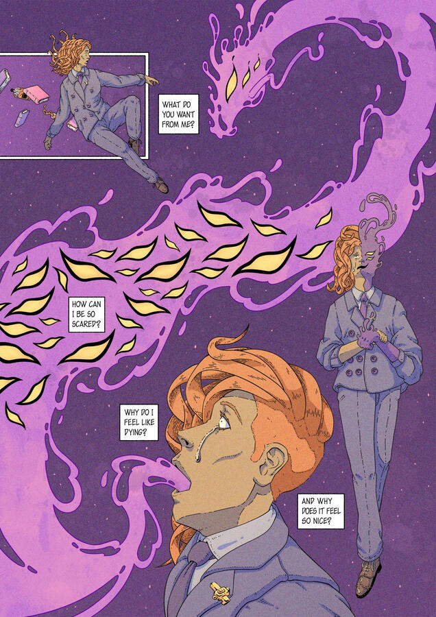 Second page of the comic, the daemon enters the woman, who is both terrified and delighted by it.