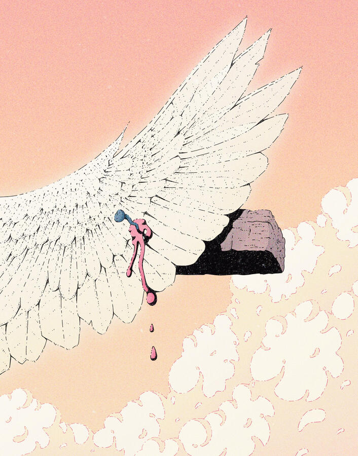 Color illustration of an angel wing, crufied. Blood flows from where the nail has pierced the wing, and the background is a sunset sky with a puffy cloud in the bottom half.