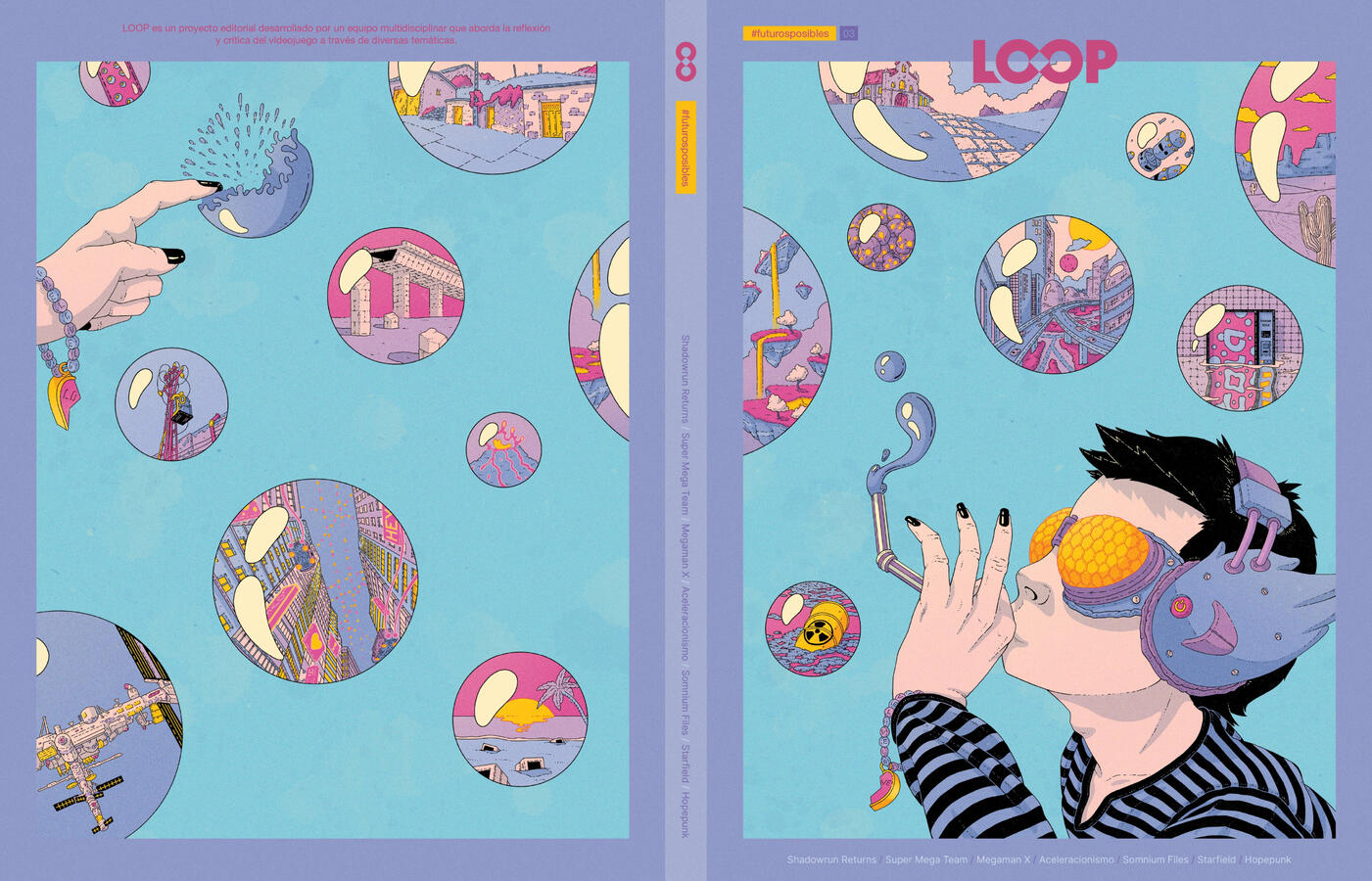 Front and back cover of a magazine. On it, a child is seen blowing soap bubbles, each one containing a different future. These bubbles float towards the back cover, at the end of which another child's hand is bursting these different futures.
