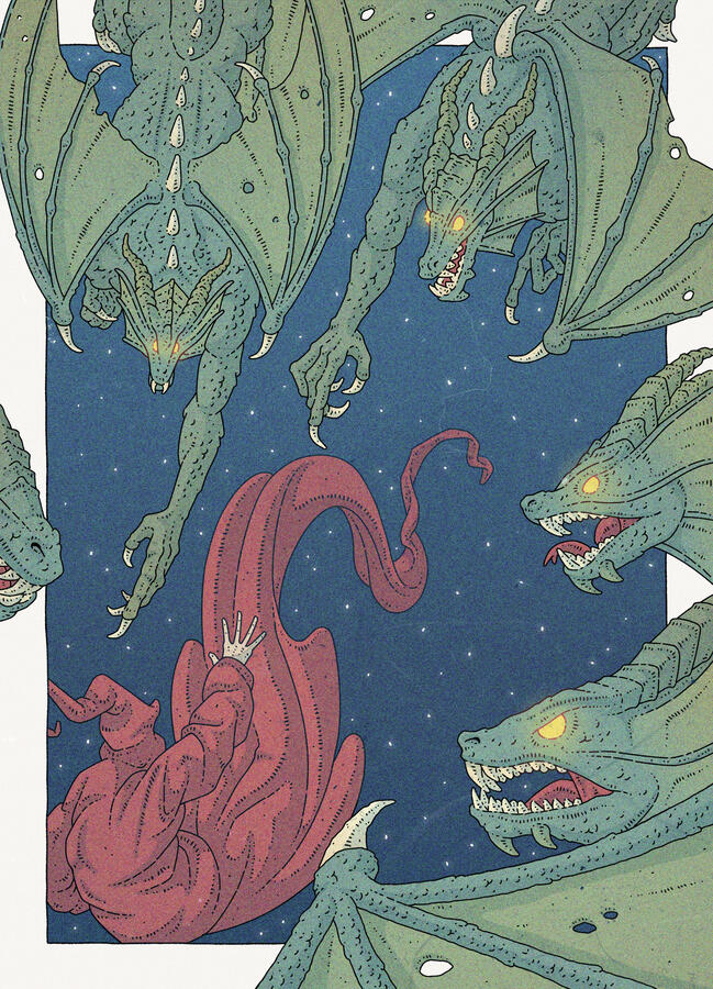 Color illustration about Geneforge, showing the shaper's creations taking revenge on them.