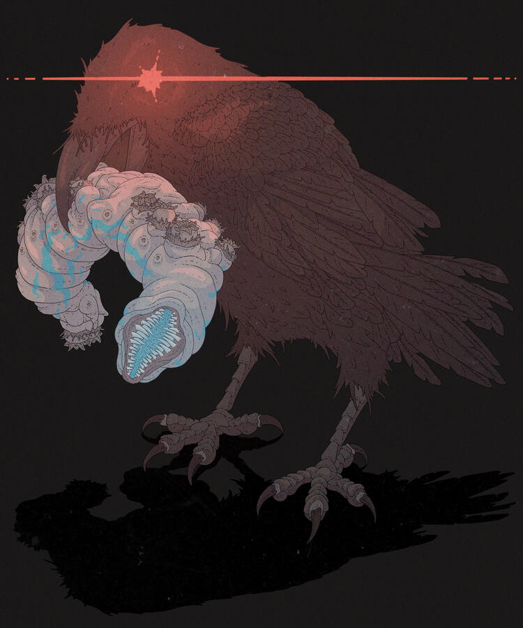 Armored Core VI color illustration of a raven with a red-glowing eye. They hold a mealworm on their beak.