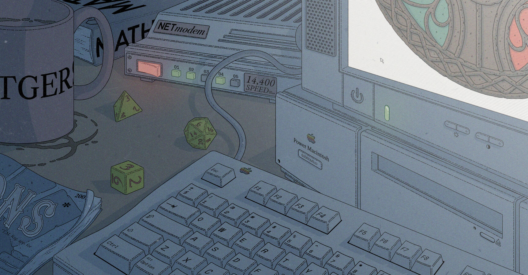 Color illustration of how I imagine Geneforge's creator's, Jeff Vogel's, desktop would look like. A Macintosh PC, an old router, a D&D manual... and a computer screen with the game's logo on it can be seen. Color illustration of how I imagine Geneforge's creator's, Jeff Vogel's, desktop would look like. A Macintosh PC, an old router, a D&D manual... and a computer screen with the game's logo on it can be seen.