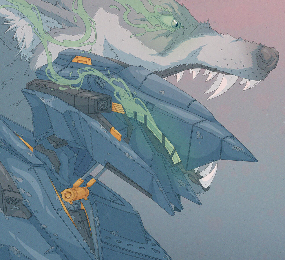 Armored Core VI color illustration of the torso of Rusty's first mech and a wolf growling behind it. Their eyes both glow green, and the trail they leave is conjoined in one. Armored Core VI color illustration of the torso of Rusty's first mech and a wolf growling behind it. Their eyes both glow green, and the trail they leave is conjoined in one.