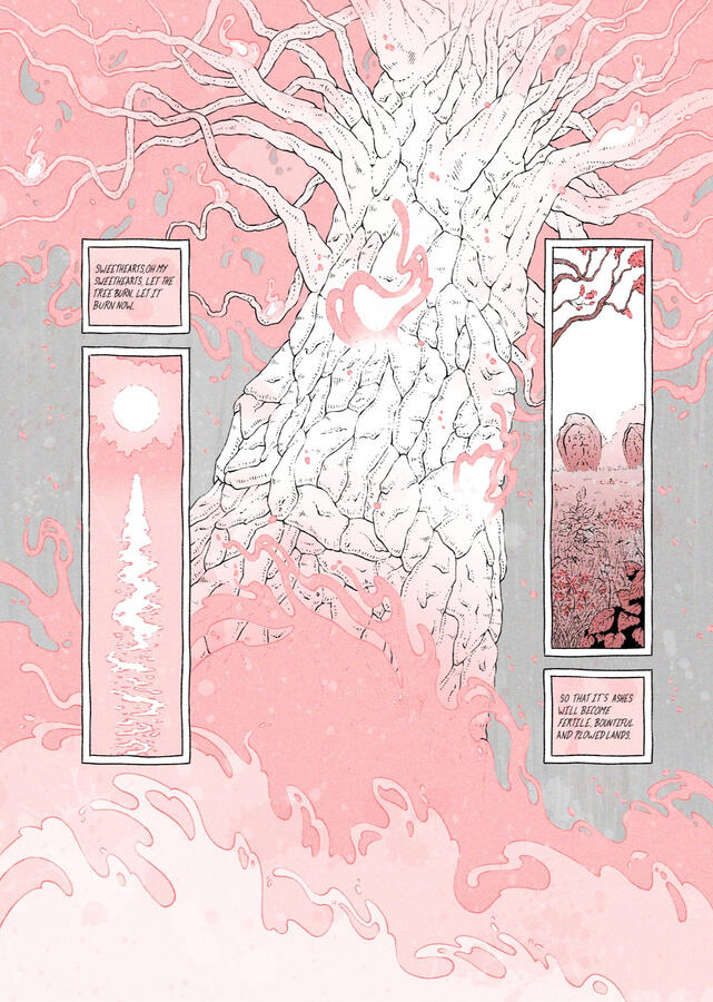 Comic page, in red and black tones. It shows a sunset, a big burning tree and tombs in a field. The text says: "Sweethearts, oh, beloved sweethearts ,let the tree burn, let it burn now. So that it's ashes will become fertile, bountiful and plowed lands" Comic page, in red and black tones. It shows a sunset, a big burning tree and tombs in a field. The text says: "Sweethearts, oh, beloved sweethearts ,let the tree burn, let it burn now. So that it's ashes will become fertile, bountiful and plowed lands"