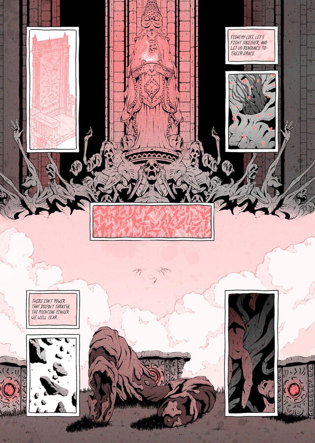 Comic page, in red and black. It shows ruins, dead bodies, a big hand with two fingers... The text says: "Fight, my life, let's fight together, and let us renounce to their grace. There isn't power which doesn't tarnish, the pointing finger we will tear. Comic page, in red and black. It shows ruins, dead bodies, a big hand with two fingers... The text says: "Fight, my life, let's fight together, and let us renounce to their grace. There isn't power which doesn't tarnish, the pointing finger we will tear.