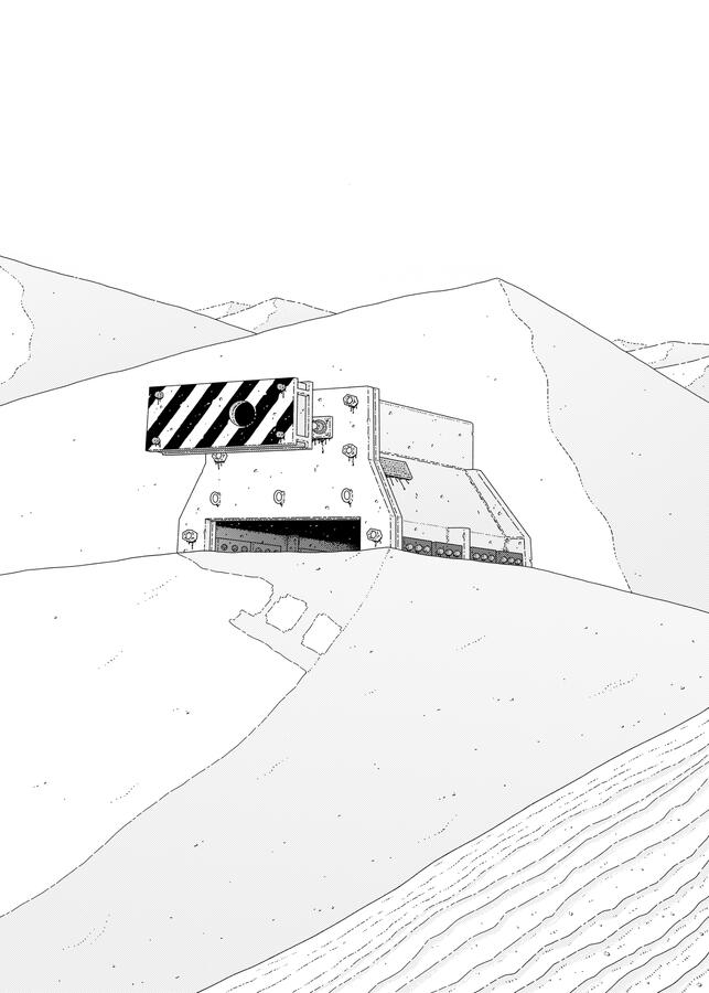 Splash comic page, in black and white. It shows a friction buffer in the middle of a desert. Splash comic page, in black and white. It shows a friction buffer in the middle of a desert.