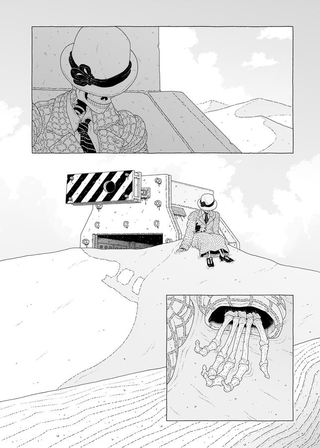 Black and white comic page, showing an elegantly dressed skeleton laying on a friction buffer in the middle of a desert.