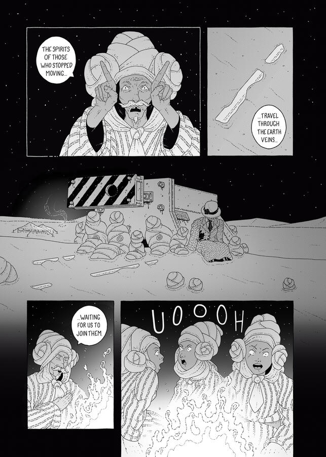 Black and white comic page, showing an elder of a nomad group telling stories about a friction buffer, which lays in the middle of the desert, to a group of children. The group has set camp arount it. Black and white comic page, showing an elder of a nomad group telling stories about a friction buffer, which lays in the middle of the desert, to a group of children. The group has set camp arount it.