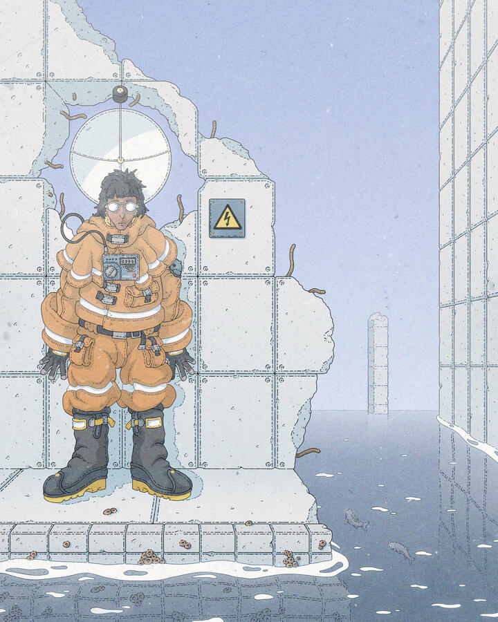 Color illustration of a woman in a orange, sci-fi looking seafaring suit. She is standing on some brutalist ruins, nearly swallowed by the ocean. From the back of her suit a parabolic antenna protudes, framing her head as an halo. Color illustration of a woman in a orange, sci-fi looking seafaring suit. She is standing on some brutalist ruins, nearly swallowed by the ocean. From the back of her suit a parabolic antenna protudes, framing her head as an halo.